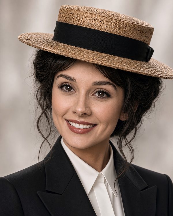 Portrait of Eliza Doolittle, smiling, in a straw boater and black blazer