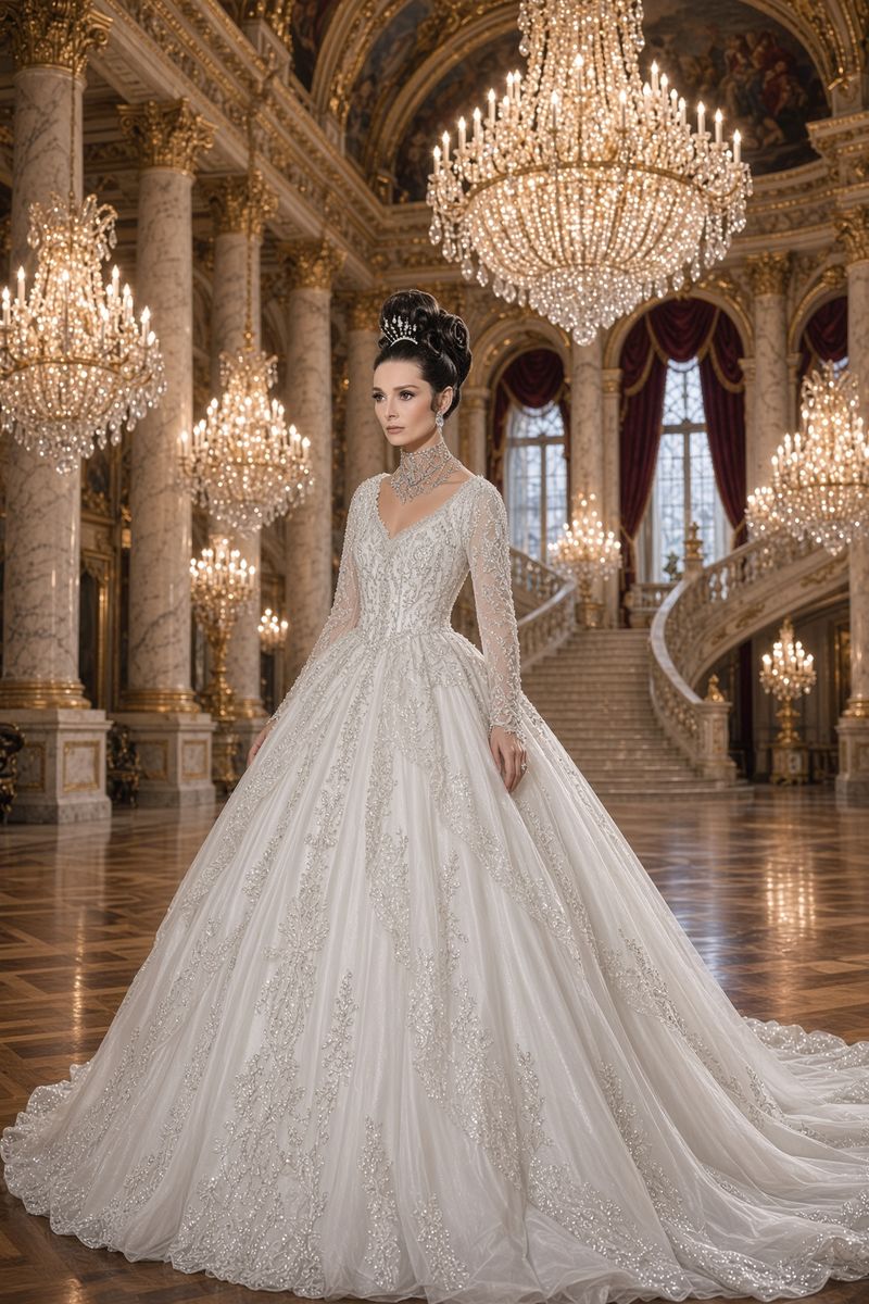 Full-length portrait of Eliza in a white ballgown with a long train, in a chandeliered ballroom