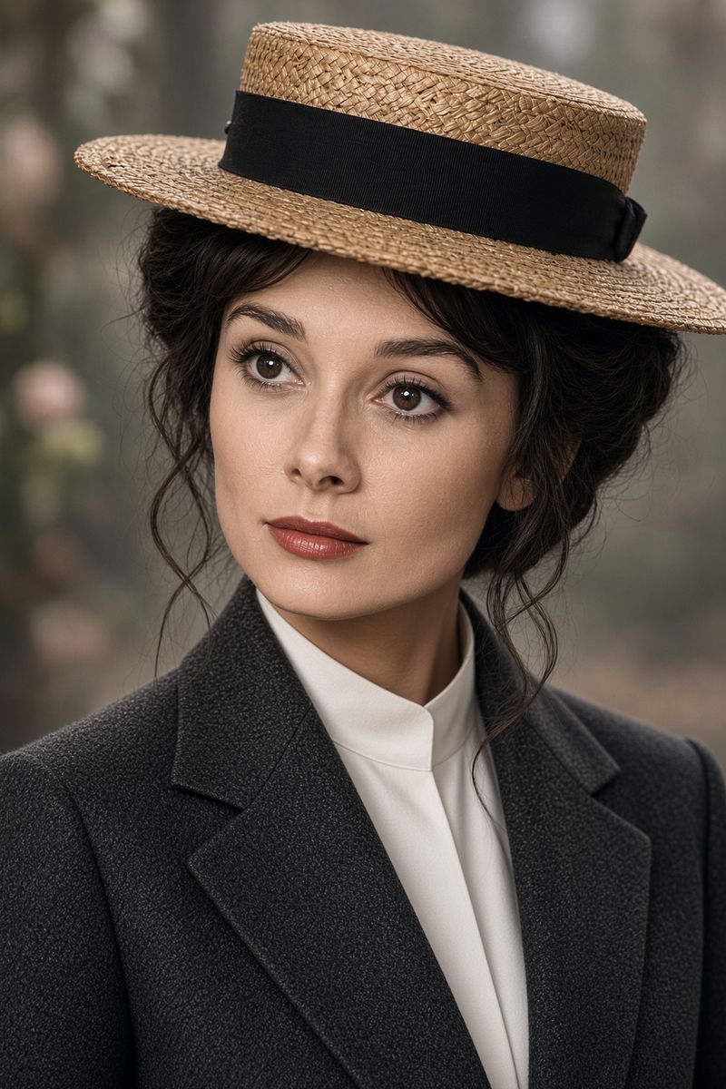 Eliza in a straw boater with a black band, black blazer and white collar, against a softly blurred background