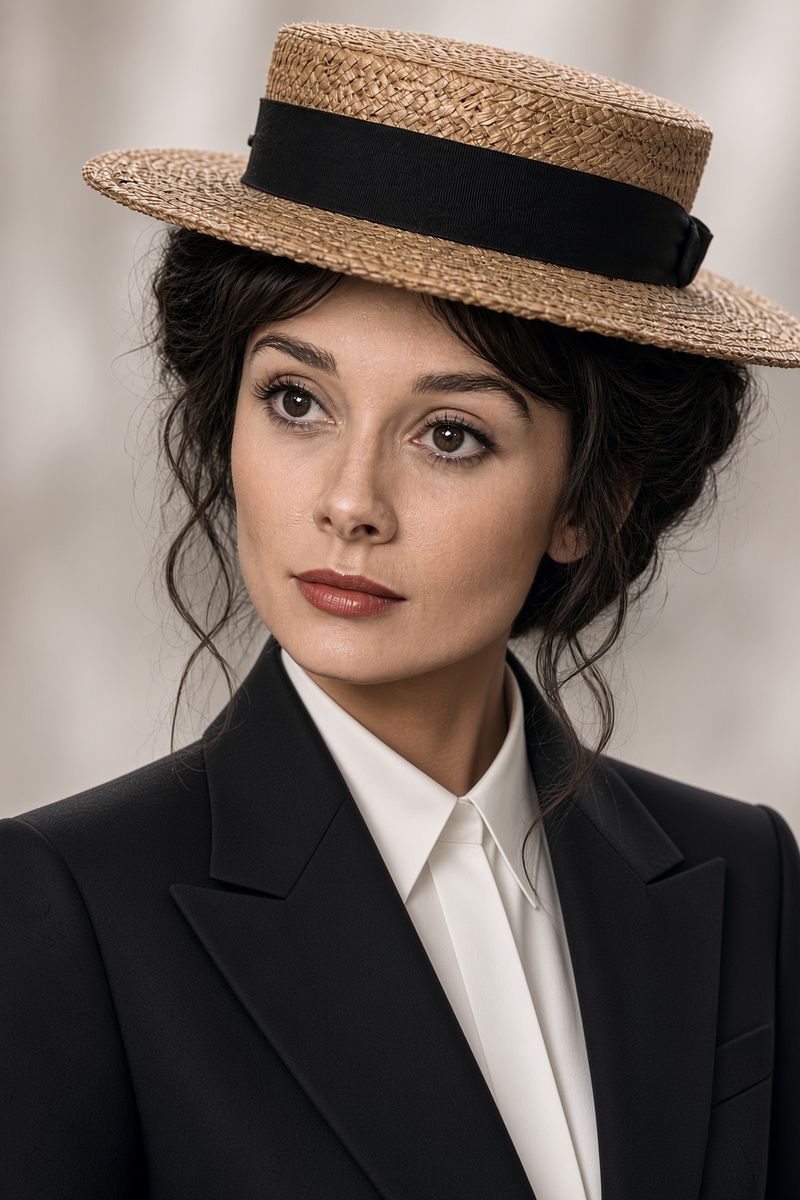 Eliza in a straw boater, black blazer and white shirt, photographed in a grey studio
