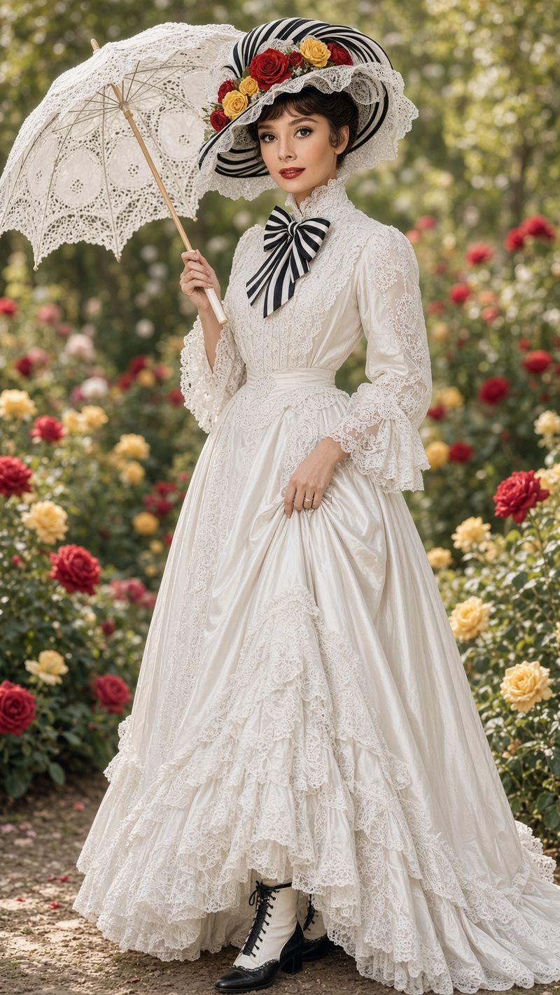Eliza in a white Edwardian lace dress and flower-trimmed hat, holding a parasol in a rose garden