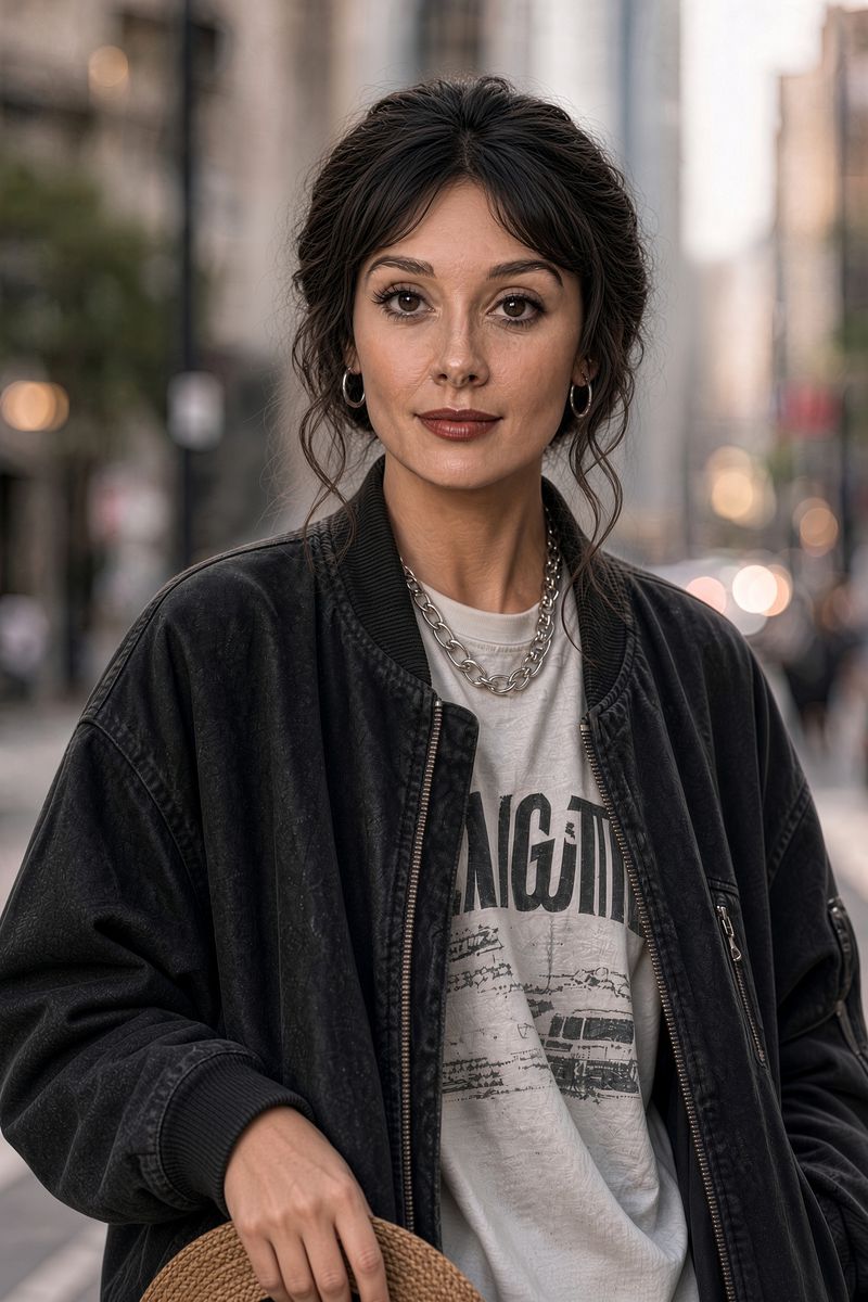 Eliza without a hat, her hair pinned up, in a dark jacket on a city street