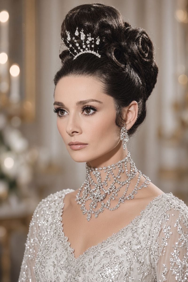 Eliza with her hair swept up, wearing a diamond tiara and a jewelled high collar